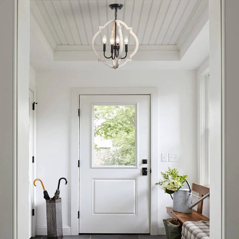 Farmhouse Orb Wood Chandelier 4 Light Pendant for dining room, living room, rustic hanging light fixture, in a foyer entryway.