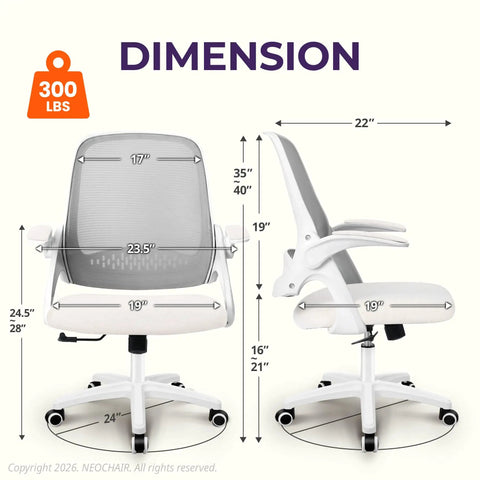 Dimensions of Ergonomic Mesh Office Chair With Lumbar Support And Adjustable Height For Gaming And Work Breathable Backrest Swivel Rolling Wheels Flip Up Armrests Space Saving Design For Home Office Ivory