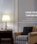 Living room with lit lamp using Rechargeable A19 LED Emergency Light Bulbs With 1200mAh Battery Backup, 60W Equivalent, 5000K Daylight.