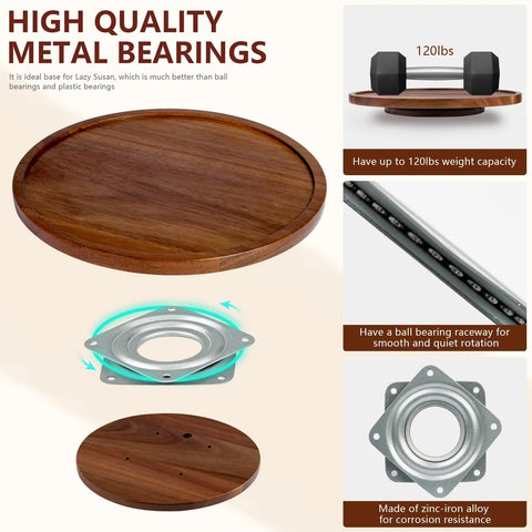 Close-up of 12 Inch Wooden Lazy Susan Organizer With Smooth 360 Spin showing metal bearings and wood tray design.