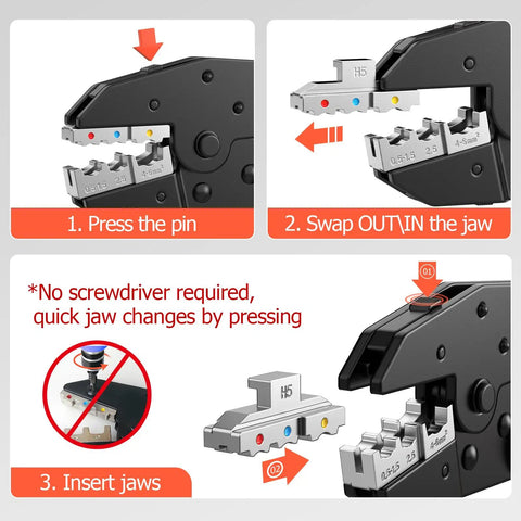 Steps to change dies in the Six Piece Pro Grade Crimping Tool Set With Ratcheting Wire Crimper And Six Interchangeable Dies