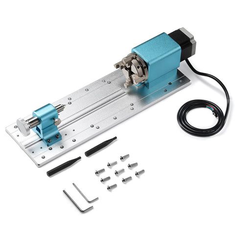Rotary Module Kit For PROVer XL CNC Router 4030 V1 And 6050 Plus With NEMA23 Geared Stepper Motor 4 Jaw Chuck visible with components