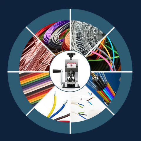 Heavy Duty Manual Wire Stripping Machine With Ergonomic Hand Crank And Drill Adapter in center, surrounded by various wire types.