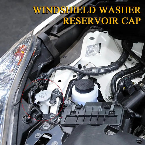 Windshield Washer Reservoir Cap Replacement 28913JK60A installed on Infiniti or Nissan engine, OEM style, direct fit replacement cap