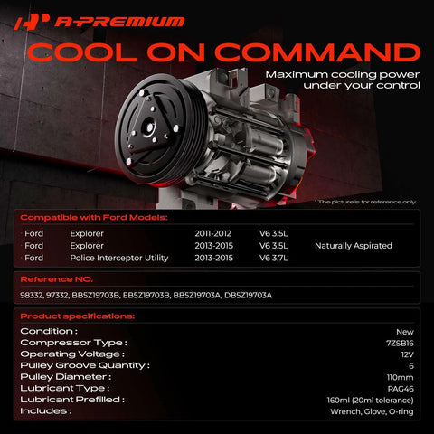 Heavy Hitter AC Compressor With Clutch 7ZSB16 PAG46 Oil Fits Ford Explorer 2011 To 2015, 110mm pulley detail.