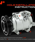 Hole installation instructions for Direct Fit A/C Compressor With Clutch, showing bolt patterns and details.