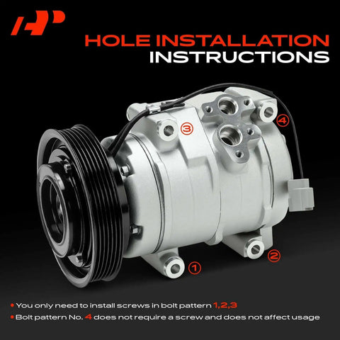 Hole installation instructions for Direct Fit A/C Compressor With Clutch, showing bolt patterns and details.