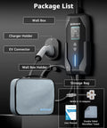 Portable Level 1 And Level 2 EV Charger With 240V 16A Output 20 Foot Cable NEMA 6 20 Plug And NEMA 5 15 Adapter shown in package.