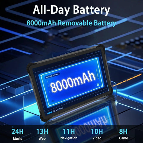 13.3 Inch Heavy Duty Rugged Tablet With Windows 11, Built Like A Tank Intel Core I5 Chip And 8 Gig RAM 256 GB Drive, IP65 Waterproof Field Workstation For Real World Hustle showcasing 8000mAh removable battery display.