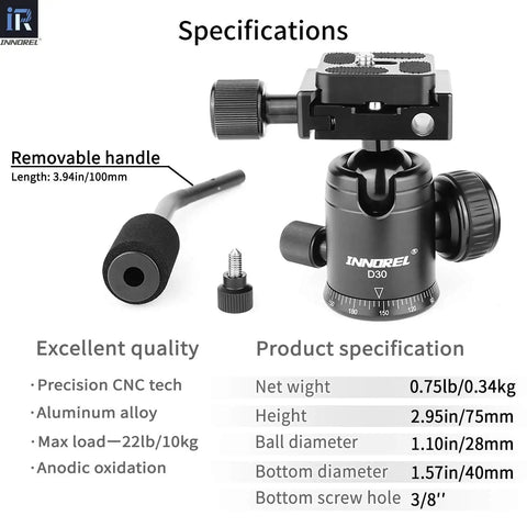 D30 Panoramic Ball Head With Removable Handle Beefy All Metal CNC Build Camera Mount Specifications