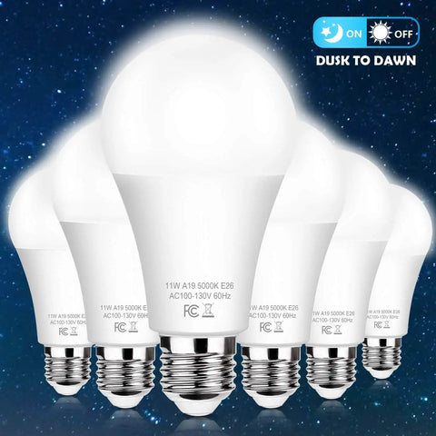 Six Pack Dusk To Dawn A19 LED Light Bulbs 11W 1200 Lumens 100 Watt Equivalent E26 Base Auto On Off Outdoor Daylight White 5000K