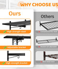 Two Pack Heavy Duty Garage Wall Shelves Set Wall Mounted Floating Storage Racks 320 Lbs Load Capacity Black Industrial Shelves For Basement Shop Shed Easy Install Built Tough Steel Construction, high strength steel adjustable bracket detail