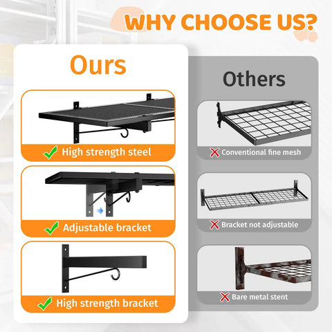 Two Pack Heavy Duty Garage Wall Shelves Set Wall Mounted Floating Storage Racks 320 Lbs Load Capacity Black Industrial Shelves For Basement Shop Shed Easy Install Built Tough Steel Construction, high strength steel adjustable bracket detail