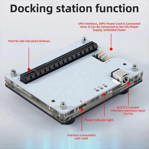 Docking station function with PCIe slot and USB4 interface for EGPU setup. Level Up Your Laptop Game With This Badass Egpu Docking Station Compatible With Thunderbolt 3 And 4 Expand Your Rig With Rtx Or Rx Graphics Cards For Seamless Plug And Play Gaming Bliss.