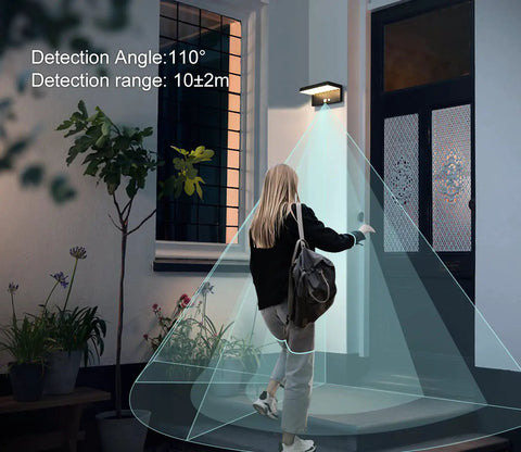 Solar Powered Outdoor Wall Light With Motion Sensor, 3 Lighting Modes, 600 Lumen Brightness, Warm White 3000K by door