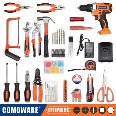 120 Piece Cordless Home Tool Kit With 20V Drill 2.0Ah Battery And Charger 25 Plus 1 Clutch DIY Home Repair Kit For Wood Metal Screws And Nut Turning Great For Garden Office And Household Projects