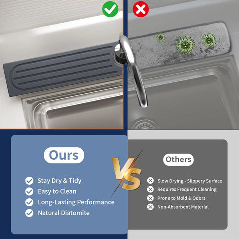 Premium Stone Faucet Mat For Kitchen Sink Heavy Duty Water Absorbing Splash Guard Fast Drying Countertop Protector shown in comparison image.