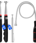 Four-piece telescoping magnetic pickup tool set with 30in reach, includes flexible gooseneck magnet and non-slip black-grip handles.