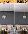 Set Of 2 Polished Crystal Pendant Lights With Cord Adjustable Hanging above living room, turned on and off comparison