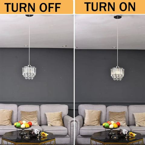 Set Of 2 Polished Crystal Pendant Lights With Cord Adjustable Hanging above living room, turned on and off comparison