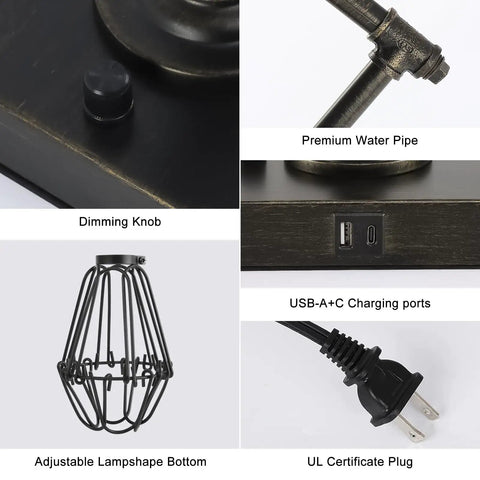 Dope Steampunk Table Lamp With USB Ports, Industrial Desk Lamp In Bronze Metal Finish, premium water pipe, dimming knob detailed