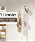 Wooden Coat Rack Stand With Eight Hooks Freestanding Coat Tree With Three Adjustable Heights for hats and bags, white finish