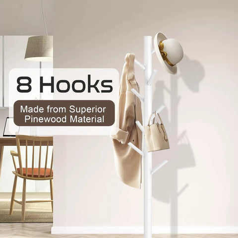 Wooden Coat Rack Stand With Eight Hooks Freestanding Coat Tree With Three Adjustable Heights for hats and bags, white finish