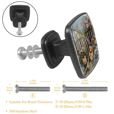 Four Pack Square Cabinet Knobs For Kitchen And Bath Spring Flower Chick Fence Style Drawer Pulls In Black Durable ABS And Glass