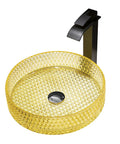 Bathroom Vessel Sink Vanity Glass Vessel Bowl Sink Cylindrical Countertop Sink Bowl Above Counter Sink Art Basin With Faucet And Pop Up Drain,Black in yellow crystal design.