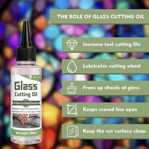 Glass Cutting Oil For Cutters Pro Grade Lubricant for DIY projects with a bottle in front of stained glass background, 100ml size