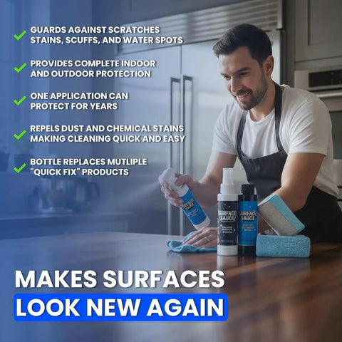 Man applying Nano Ceramic Multi Surface Sealer That Restores And Protects Stainless Steel, Wood, Painted Metal And Plastics With A Game Changing Long Lasting Easy Clean Shine, Chemical And Scratch Resistant Finish on kitchen counter.