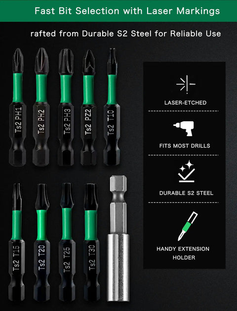 All In One Magnetic Drill Bit Set For Impact Drivers, 10 Piece S2 Steel Bits PH1 PH2 PH3 PZ2 Torx T10-T30 with holder