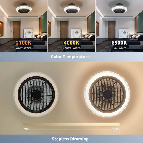 Bladeless Ceiling Fan With Lights And Bluetooth Speaker Dope 6 Speed Remote Control RGB Color Lighting Enclosed Low Profile Flush Mount Ceiling Fan For Kids Bedroom Chill Modern Ceiling Fan For Boys And Girls in various color temperature settings.