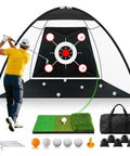 Golfer using All In One Golf Practice Net Set 10 By 7 Foot With Tri Turf Mat, Five Balls, Target Pockets, Carry Bag For Backyard And Indoor Swing Training Driving Chipping Putting Practice Great Gift For Golfers.