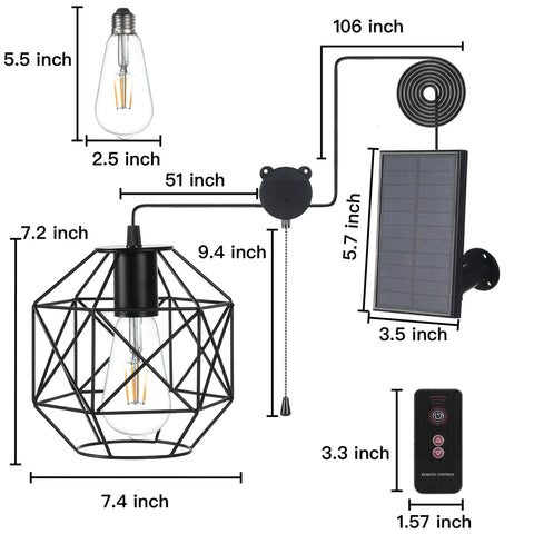 Dimensions and components of Solar Pendant Lights For Outdoor Spaces, Automatic Solar Powered Hanging Chandeliers, with remote control and solar panel.