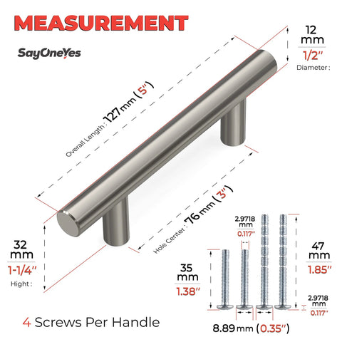 Diagram showing Brushed Nickel Cabinet Handles 5 Inch Length With 3 Inch Hole Centers Modern Drawer Pulls, with measurement details.