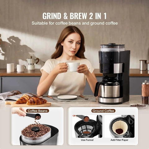 8 Cup Drip Coffee Maker With Built In Burr Grinder And Three Brew Strengths Adjustable Grind Size Compatible With Whole Beans Or Ground Coffee For Real Deal Fresh Ground Flavor, woman holding coffee, machine with croissants.