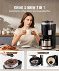 Person enjoying coffee with Eight Cup Drip Coffee Maker With Integrated Grinder, suited for whole beans or pre-ground.