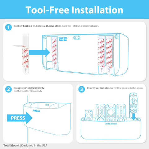 Illustration showing tool-free installation of No Drill Remote Holder For 5 Or 6 Remotes, Easy Adhesive Wall Mount, step by step guide.