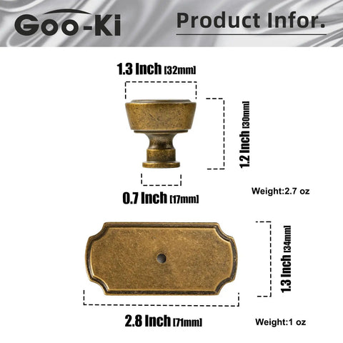 Image of 6 Pack Cabinet Knobs Antique Brass Zinc Alloy Backplates Kitchen Drawer Pulls featuring dimensions and weight.
