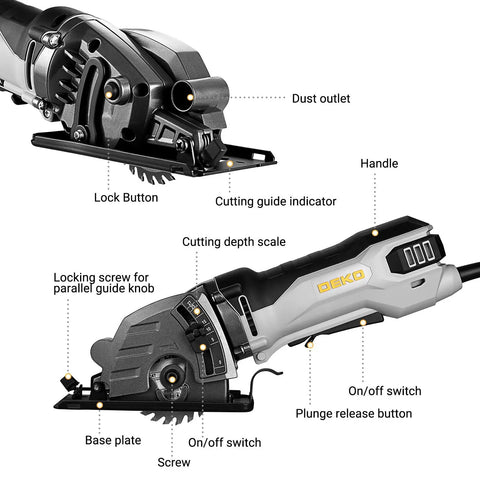 Close-up view of Compact Electric Mini Circular Saw With Adjustable Depth Dial And Three Heavy Duty Blades, showing features and controls.