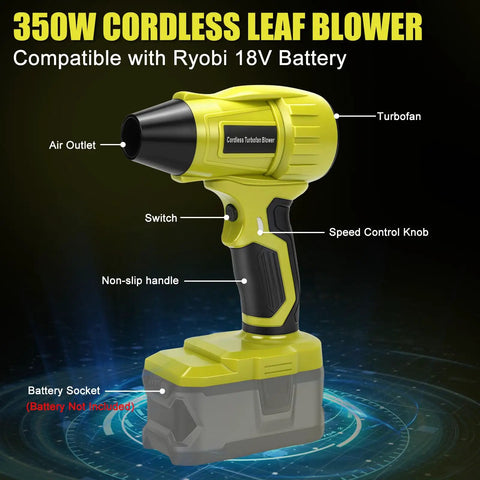 350W cordless leaf blower for Ryobi 18V ONE+ batteries showing components like turbofan, speed control knob, battery socket.