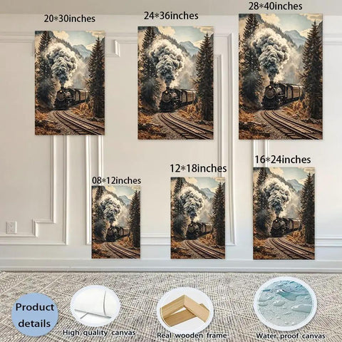 Retro Vibes Steam Train Wall Art Framed Or Unframed Canvas Poster With Classic Locomotive And Mountain Railway Scene in various sizes