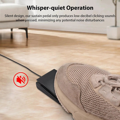 Universal Sustain Pedal Foot Controller With 3.5mm Jack For Electronic Keyboards MIDI Synths Organs And Drums in use on wooden floor