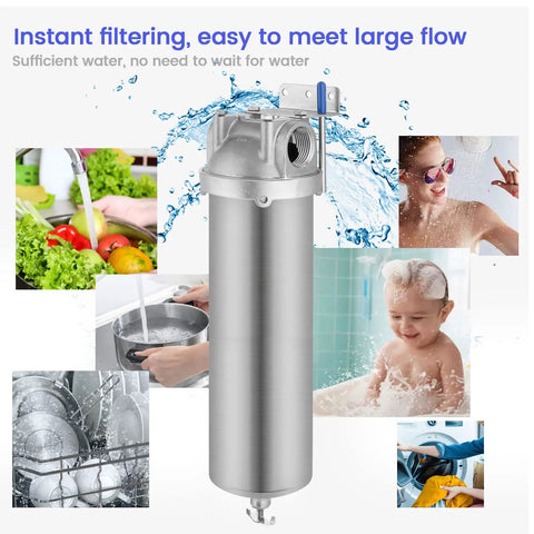 Stainless Steel Whole House Water Filter Housing Built Tough For Heavy Duty Home Plumbing Systems Fits Ten Inch By Two And A Half Inch