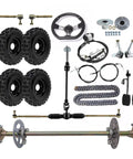 Rear Axle Shaft Assembly Kit 740mm 29 1/8in With 4.10-6 Tire 6 Inch Rim Inner Tube Brake Assembly Chain And Sprocket Steering Knuckle Kit For Go Karts Quads Drift Trikes And Bikes DIY Ready components layout