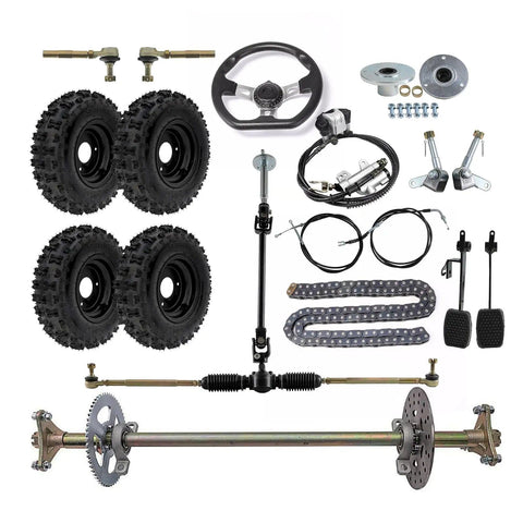 Rear Axle Shaft Assembly Kit 740mm 29 1/8in With 4.10-6 Tire 6 Inch Rim Inner Tube Brake Assembly Chain And Sprocket Steering Knuckle Kit For Go Karts Quads Drift Trikes And Bikes DIY Ready components layout