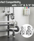 Premium 2-Piece PVC Pipe Threading Tool Kit For 1/2 And 3/4 Inch Pipes showing compatibility with dies on installed pipes.