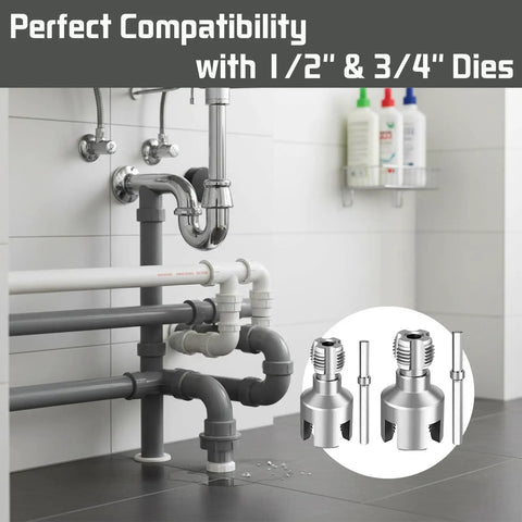 Premium 2-Piece PVC Pipe Threading Tool Kit For 1/2 And 3/4 Inch Pipes showing compatibility with dies on installed pipes.