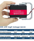 Hand holding Beefy Torque 24V Robot Servo Motor with 180 Degree Swing and 185 Kg Cm Peak Torque Steel Gear and specs chart